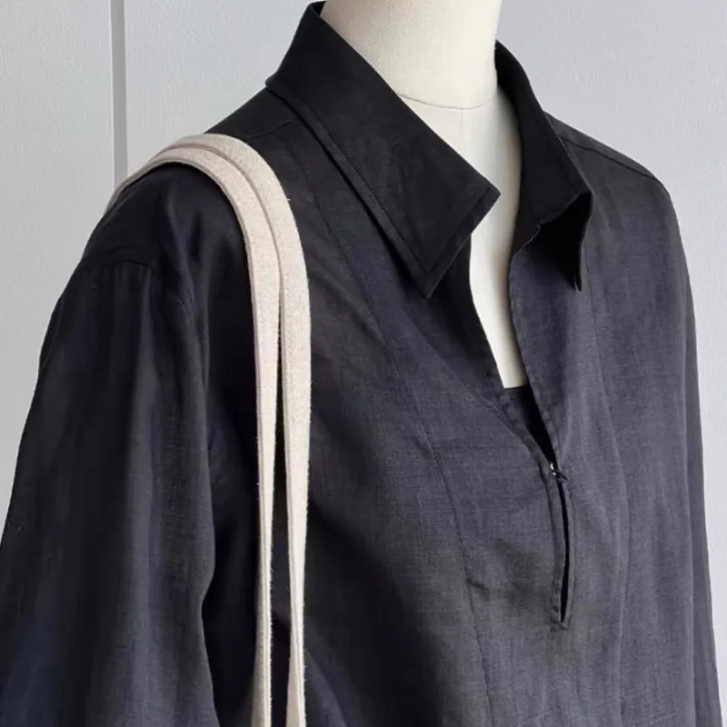 Black High-end Cotton and Linen Tops Women Spring Summer New Long Sleeved Shirt Korean  Fashion Lazy Loose Fitting Blouse Woman