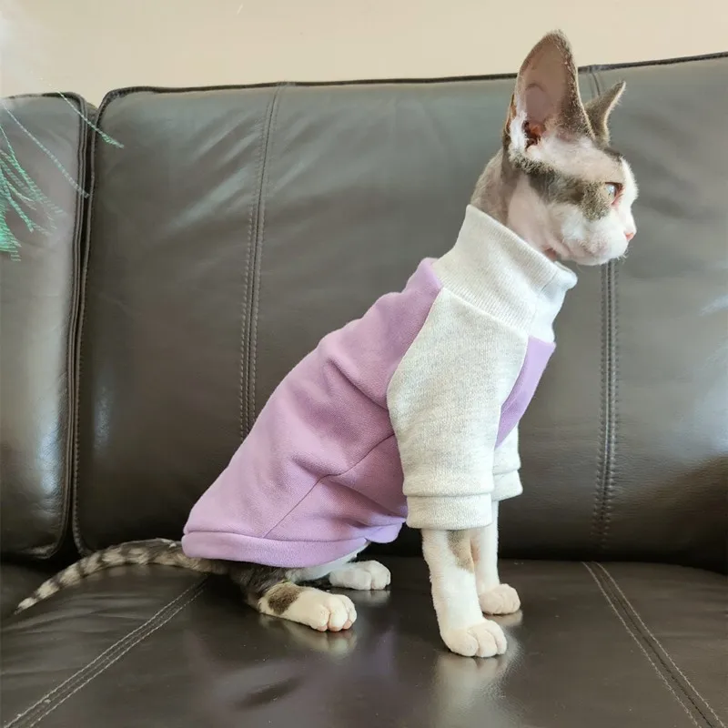 Sphynx Cat Clothes Sweater for Kittens Dogs Winter Autumn Cotton Coat for Devon Rex Long Sleeves Color-block Sweatshirt for Cat