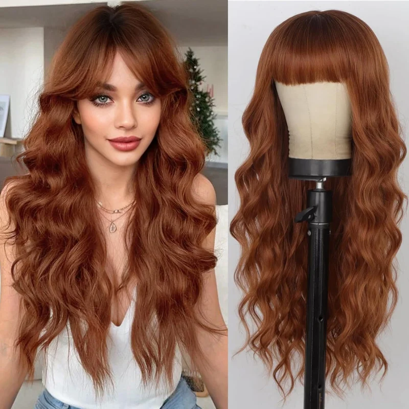 Caramel-colored long wavy curly with bangs for women, full head wig