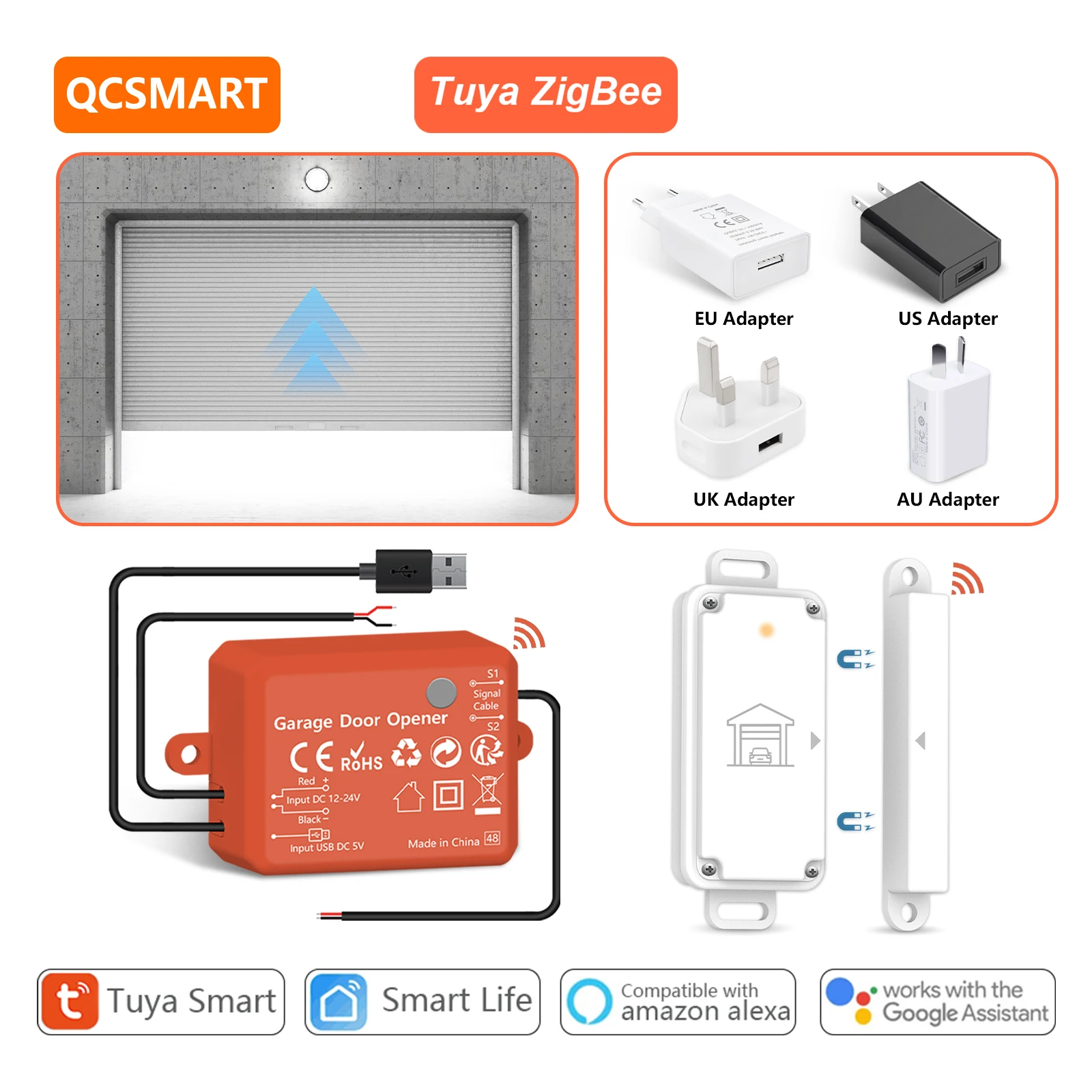 QCSMART Tuya ZigBee Garage Opener Controller Wireless impermeabile Door Sensor Smart Life telecomando Google Assistant Alexa