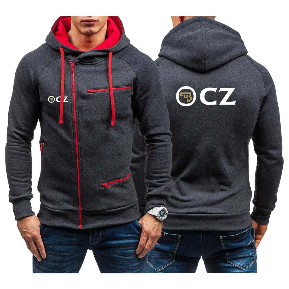 

CZ Ceska Zbrojovka 2024 Men's New Diagonal Zipper Hooded Long Sleeves Cotton Hoodies Casual Sports Jacket Pullover Tops Clothing