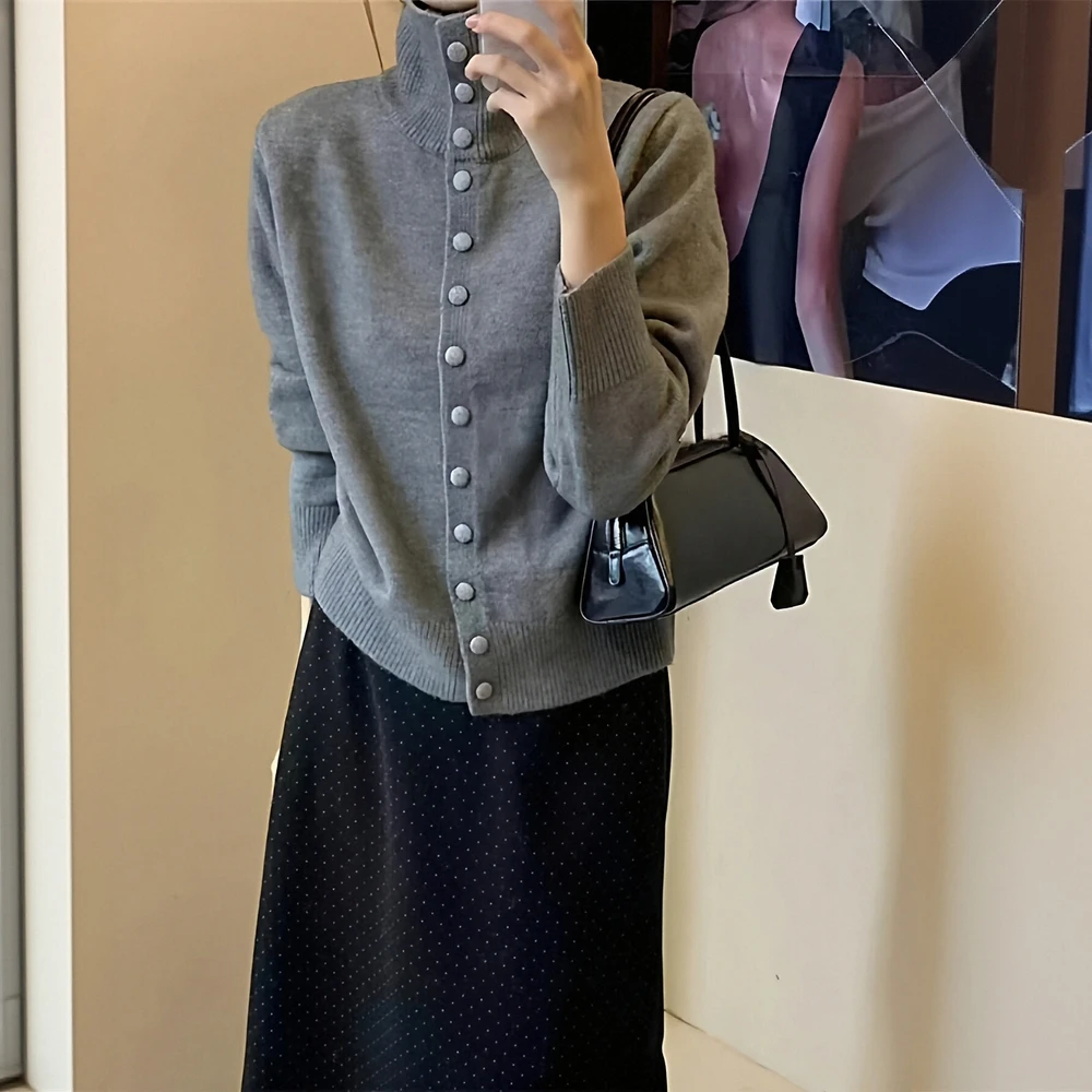 여성용 하이넥 소프트 왁시 니트 가디건 젠틀 스타일 싱글 브레스티드 한국 트렌디 아우터웨어 가을 겨울용