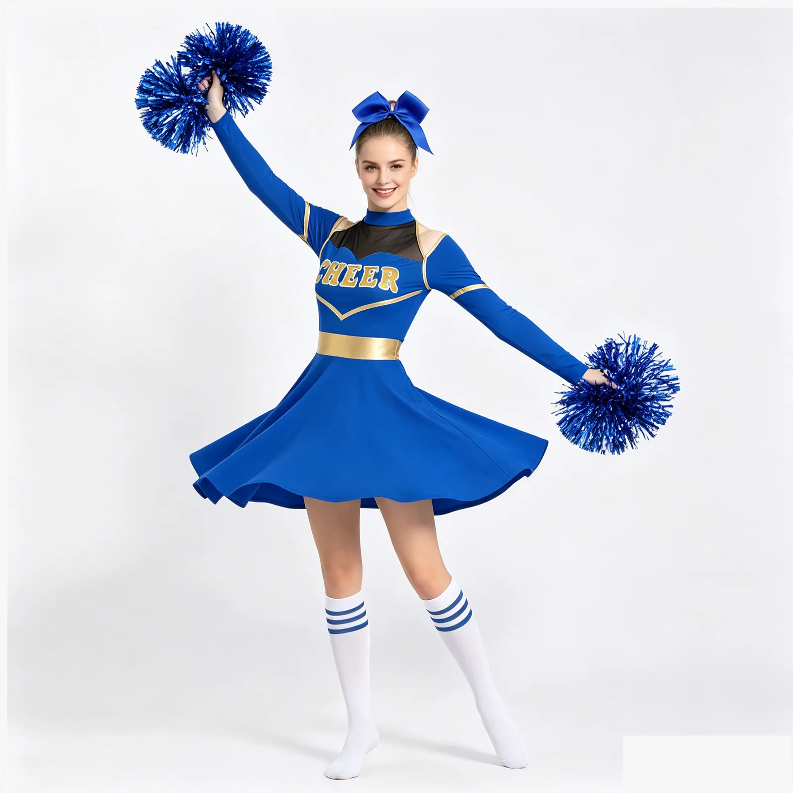 Womens Cheerleader Dance Performance Costume Cheerleading Uniform Cold Shoulders Cutout Letter Print Dress Cheer Dance Outfits