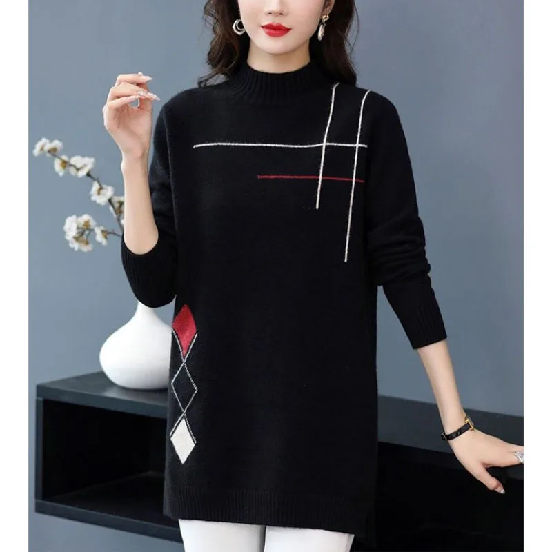 2024 Autumn Winter New Women\'s Half High Collar Loose Sweaters Fashion Casual All-match Mid Length Version Long Sleeve Tops