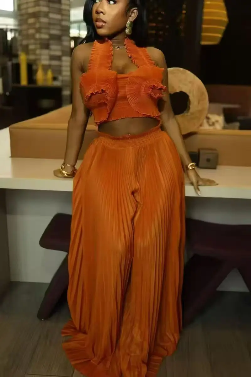 

2-Piece Plus-Size Women's Outfit Miyaki Pleated Halter Neck Top + Wide-Leg Pants, Sexy Casual Travel Daily Wear
