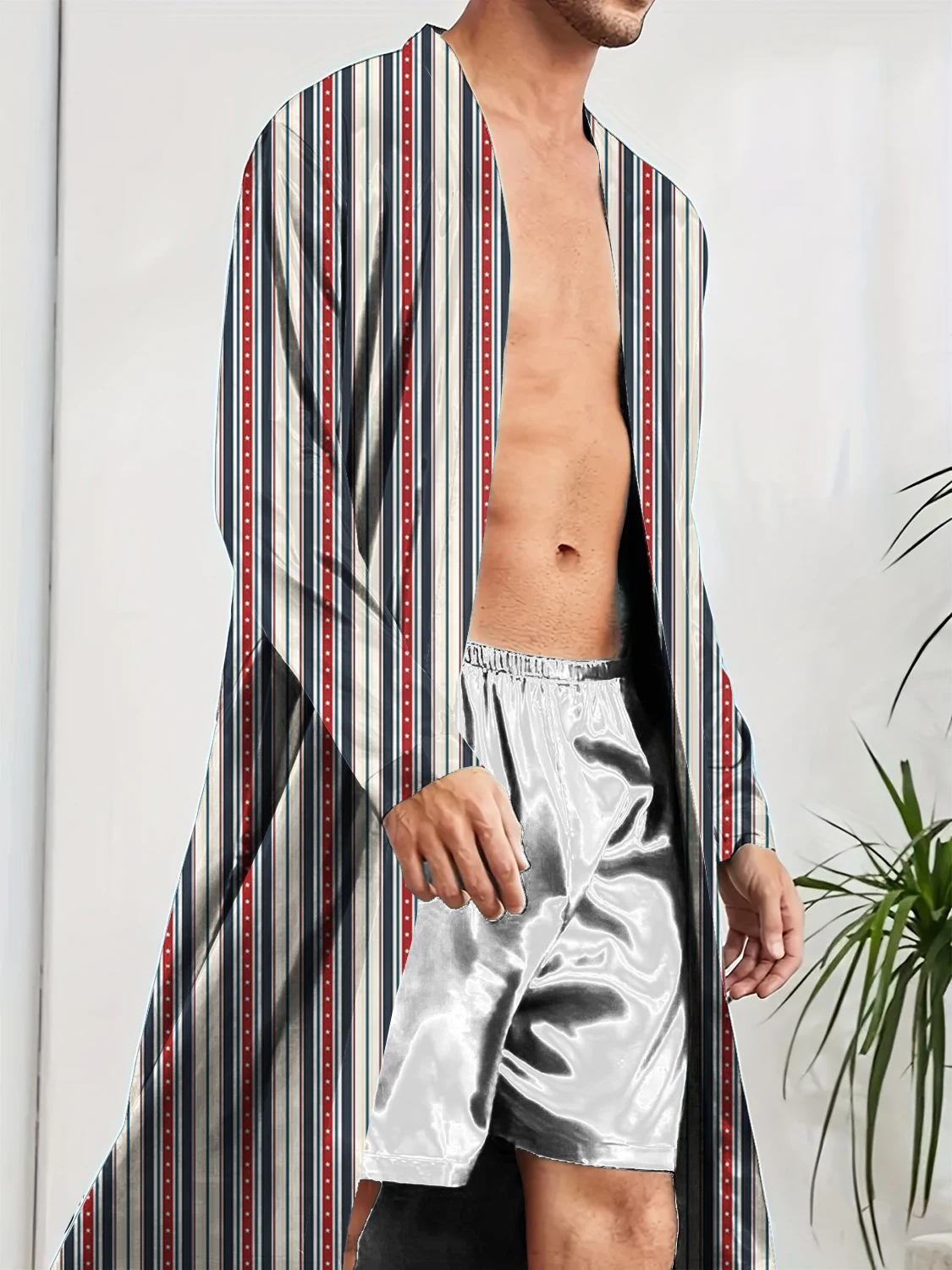 Spring and Autumn Men's Long Nightgown, Striped Pattern Digital Printing, Home Leisure and Entertainment Nightgown
