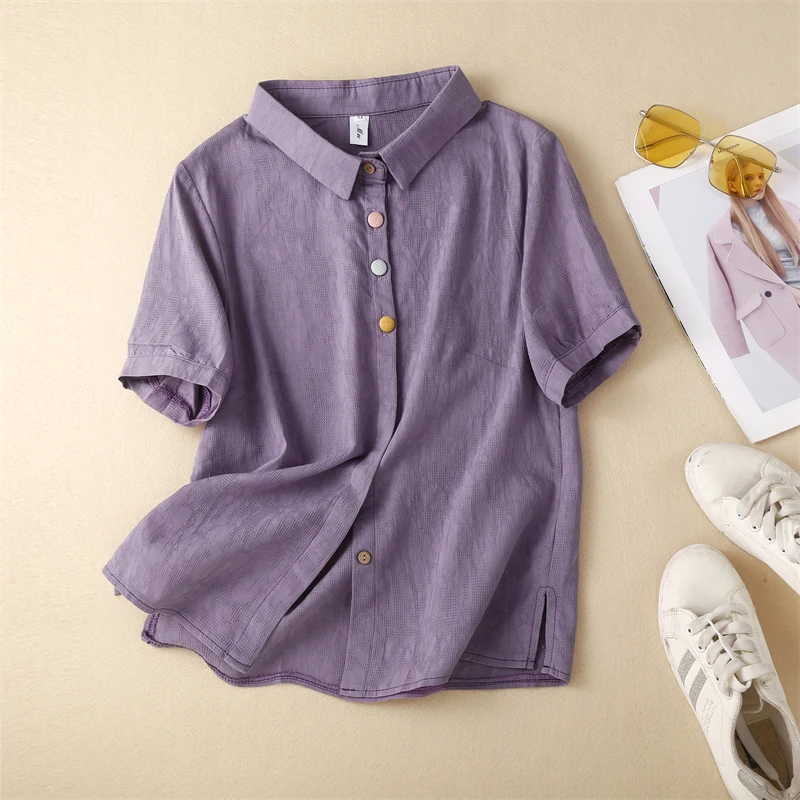 

Retro Japanese Cotton Linen ort Sve Women's Loose Bot irt Pure Color Summer Top Collar Button Detail