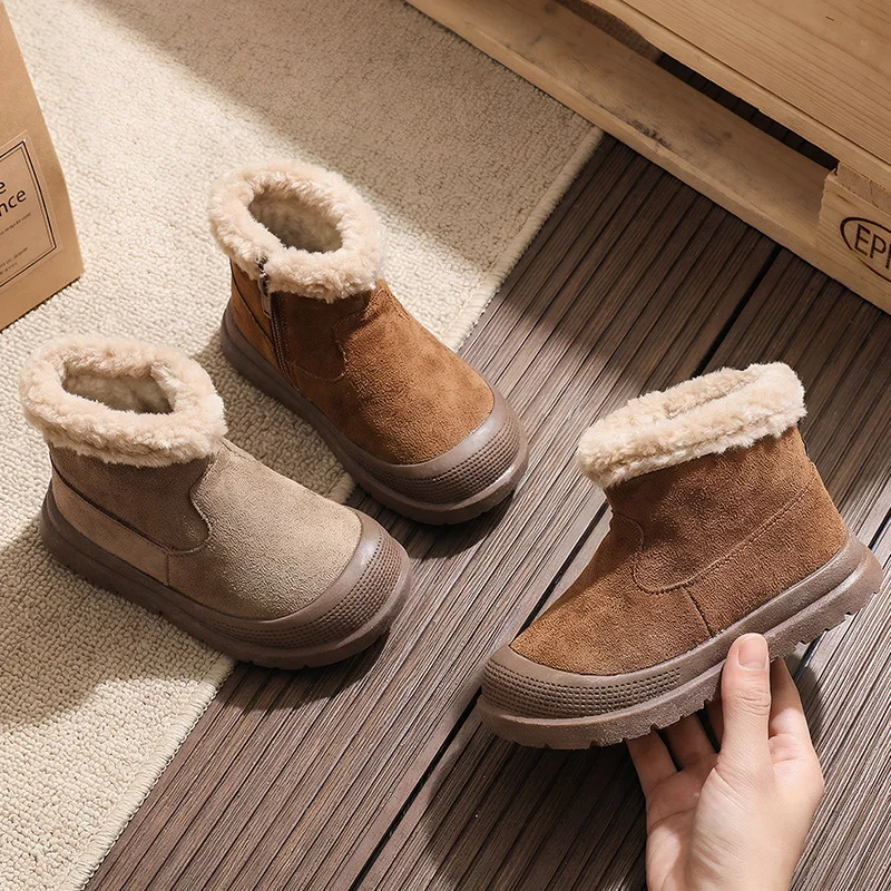 Kids'Snow Boots Solid Color PU Leather Fashion Winter Flat Shoes For Children Anti-slip Soft Bottom Warm Khaki Brown Size 16-26