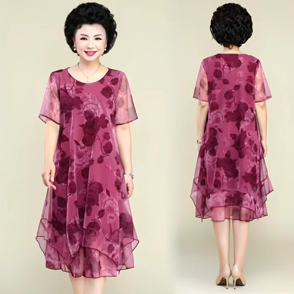 Plus Size Women Floral Mesh Dress Casual Loose Fitting Short Sleeve A Line Summer Elegant Midi Fashion Clothing