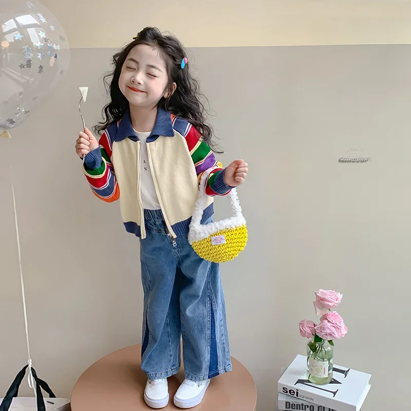 Girls Suits 2024 New Jersey Spring and Autumn Style Female Treasure Cardigan Sweater Jeans Trousers Two-piece Set Clothes