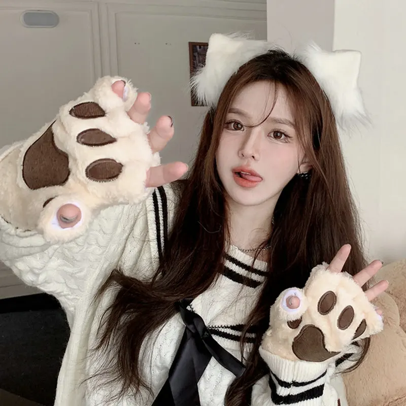 Cute Cat Paw Fluffy Claw Fingerless Gloves Warm Soft Plush Fingerless Panda Glove Half Finger Women Winter Wear Christmas Gifts