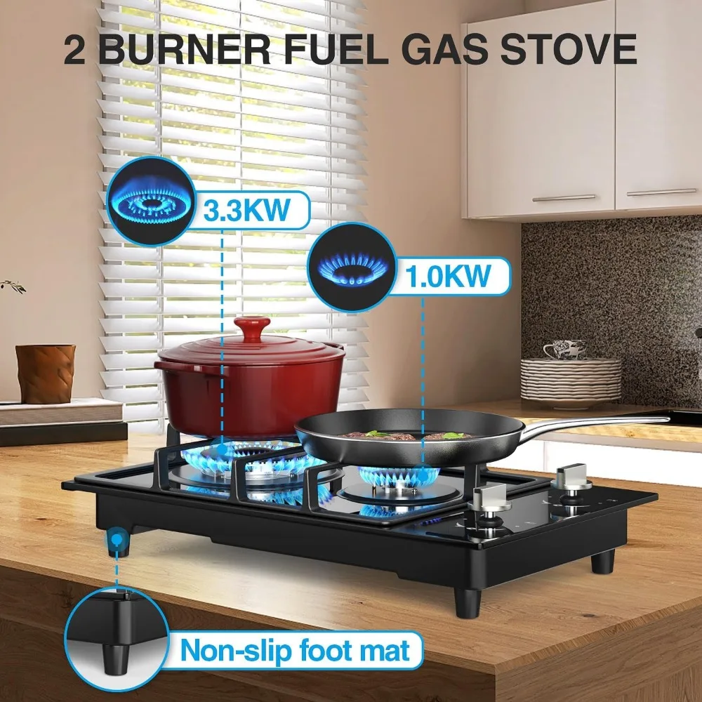 12인치 가스 스토브: 2구 가스 쿡탑 - 스테인리스 스틸 LPG/NG 듀얼 연료 스토브 – RV, 아파트용 빌트인 가스 호브