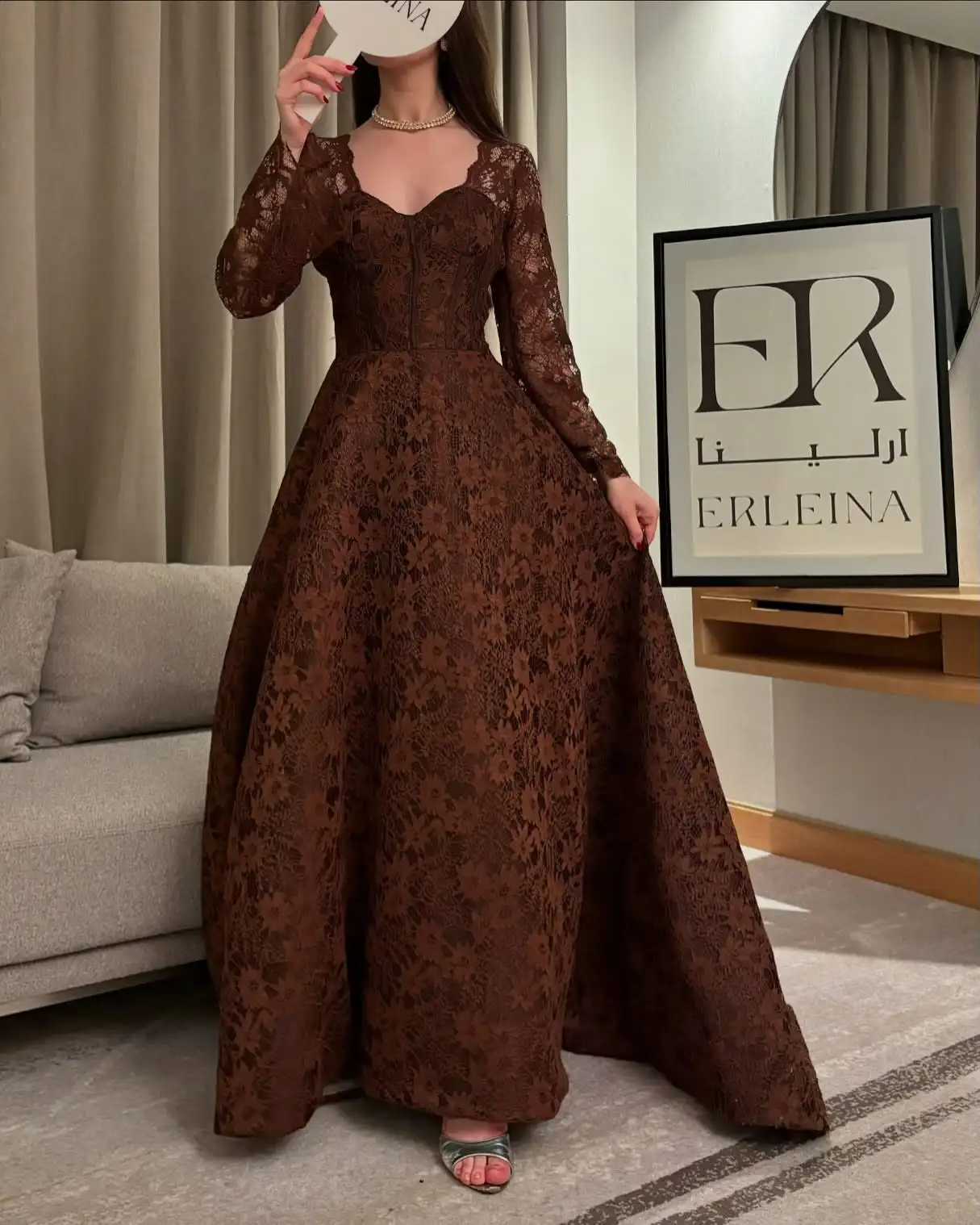 Mila marron foncé profond V robes de bal dentelle manches longues jupe évasée personnalisé formel soirée robe élégante vestidos de gala 2025