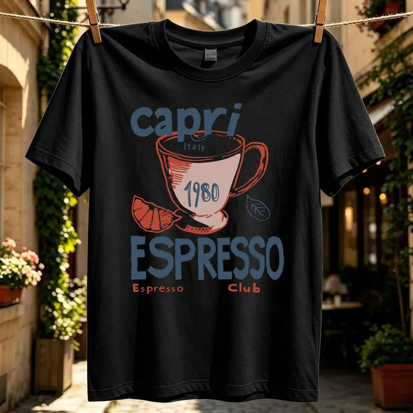 washed T Shirt Capri Italy Espresso Club 1980 Soft Vintage Cotton vintage Washed Breathable fashion streetwear Stylish