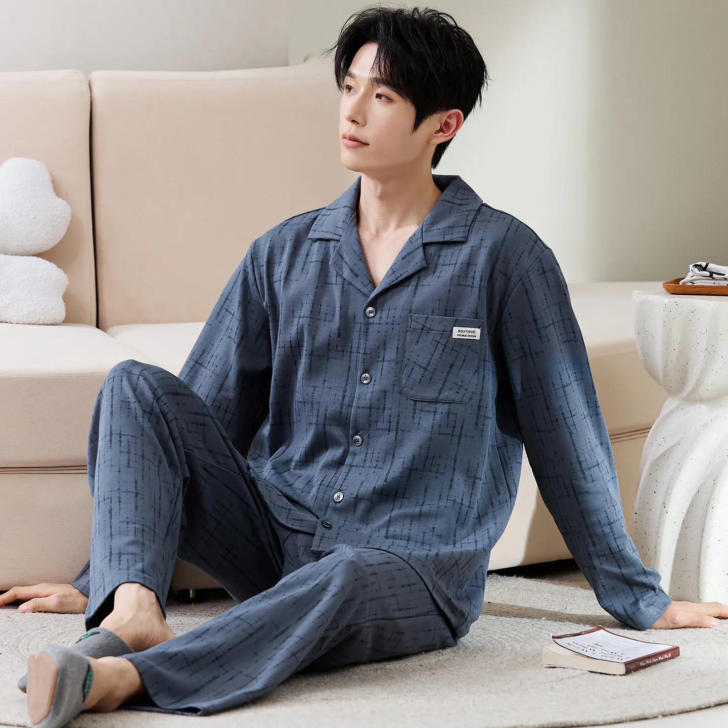 100% Cotton Men's Autumn Sleepwear Cardigan Button Homewear Long Sleeves Trouser 2pcs/set Pajamas Set Male Pyjamas homme été