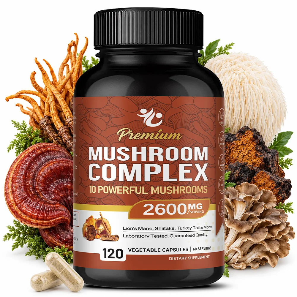 Organic Mushroom Capsules 2600MG, with Lion's Mane, Reishi & Cordyceps, Supports Immunity, Brain Focus, Memory & Energy
