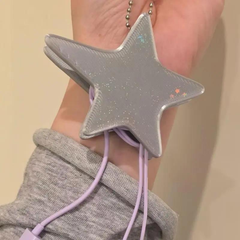 【Y】Y2K Star Shaped Earphone Cable Winder Portable Cord Holder Ins Style Headphone Cable Organizer With Keychain Clips Keyring