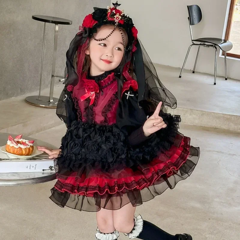 Vampire Ghost Bride Girl Gothic Lolita Princess Dress, Roupa de Cosplay Infantil, Roupas de Carnaval de Halloween, Preto, Vermelho