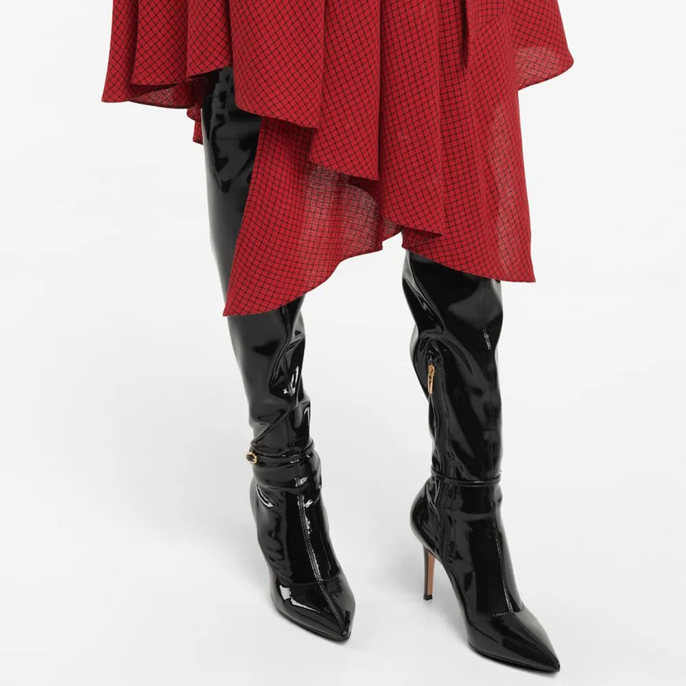 Modische Overknee-Stiefel für Damen Luxusmarke Leder Lange Schuhe mit Seitenreißverschluss Spitze Zehe Schwarze Stiletto Oberschenkelhohe Stiefel Übergröße