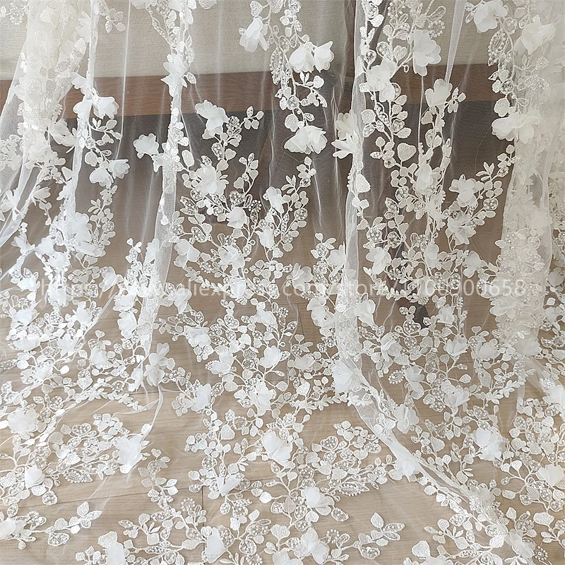 3D Beaded Embroidery Lace Fabric, Laser Chiffon Flowers Applique, Sewing Fabric for Wedding Dresses, Off White, High Quality