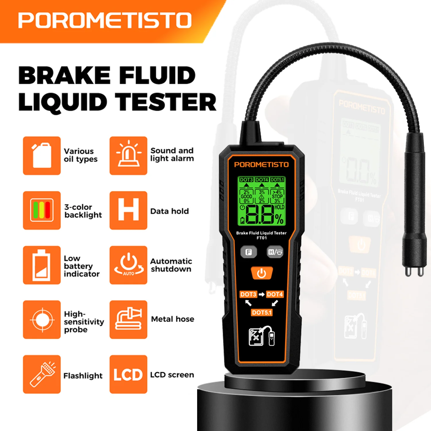 

Цифровой тестер тормозной жидкости DOT3/DOT4/DOT5.1, автомобильный детектор влажности тормозного масла с подсветкой, гибкий зонд, тестер тормозного масла