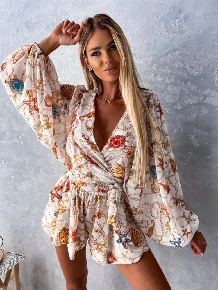 Spring Summer New Sexy V-neck Printing Playsuits 2024 Ladies Casual Lace Up Long Sleeve Jumpsuits Women\'s Beach Holiday Rompers