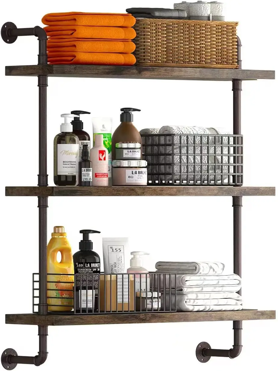 

3 Tier Industrial Pipe Shelf Rustic Wood Floating Shelves for Kitchen Office Bathroom Storage and Home Decor (24inch)