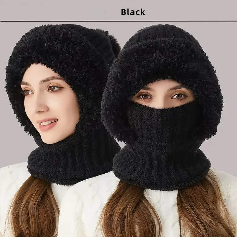 A winter knitted hat with wool lining and ear flaps -3-in-1 knitted hat scarf mask set - windproof and warm headscarf neck circu