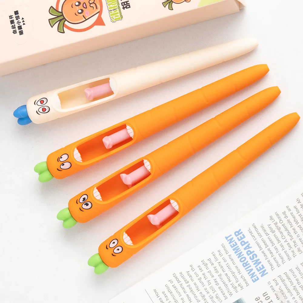 Funny Carrot Shaped Gel Pen Cute Cartoon Design Retractable Tongue Refill 0.5mm Black Ink Pens Office School Stationery Gifts