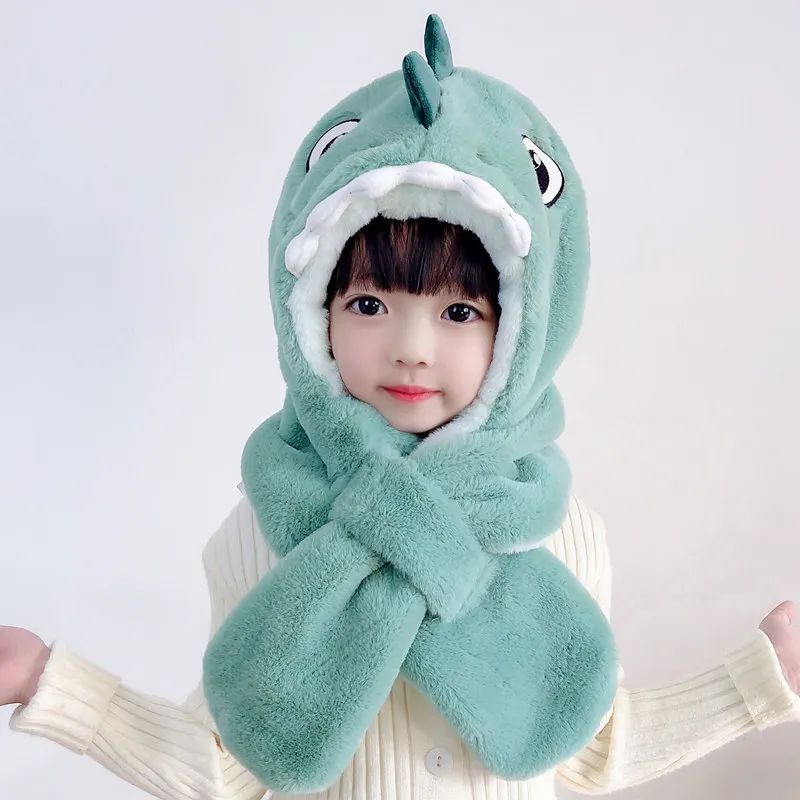 Children's Scarf Kids Thickened Soft Skin Friendly Warm Hooded Scarf Cartoon Dinosaur Breathable Ear Protection Windproof Hats