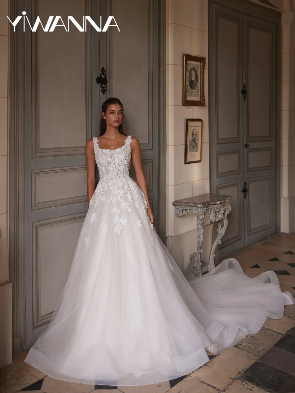 

Captivating Glitter Appliques Wedding Dress Exquisite Pearls Square Neck Customized Elegant A-line Tulle Long Dresses For Bride