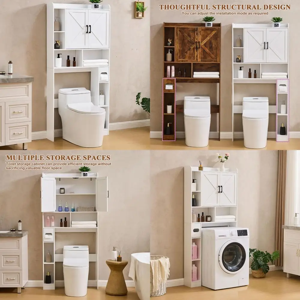 Farmhouse Style 32-Inch Wide Over Toilet Storage Cabinet with Barn Doors and Toilet Paper Holder