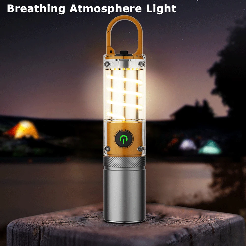 High Power Rechargeable LED Flashlights Zoomable Torch with Breathing Atmosphere Light Portable Work Lamp for Camping Waterproof