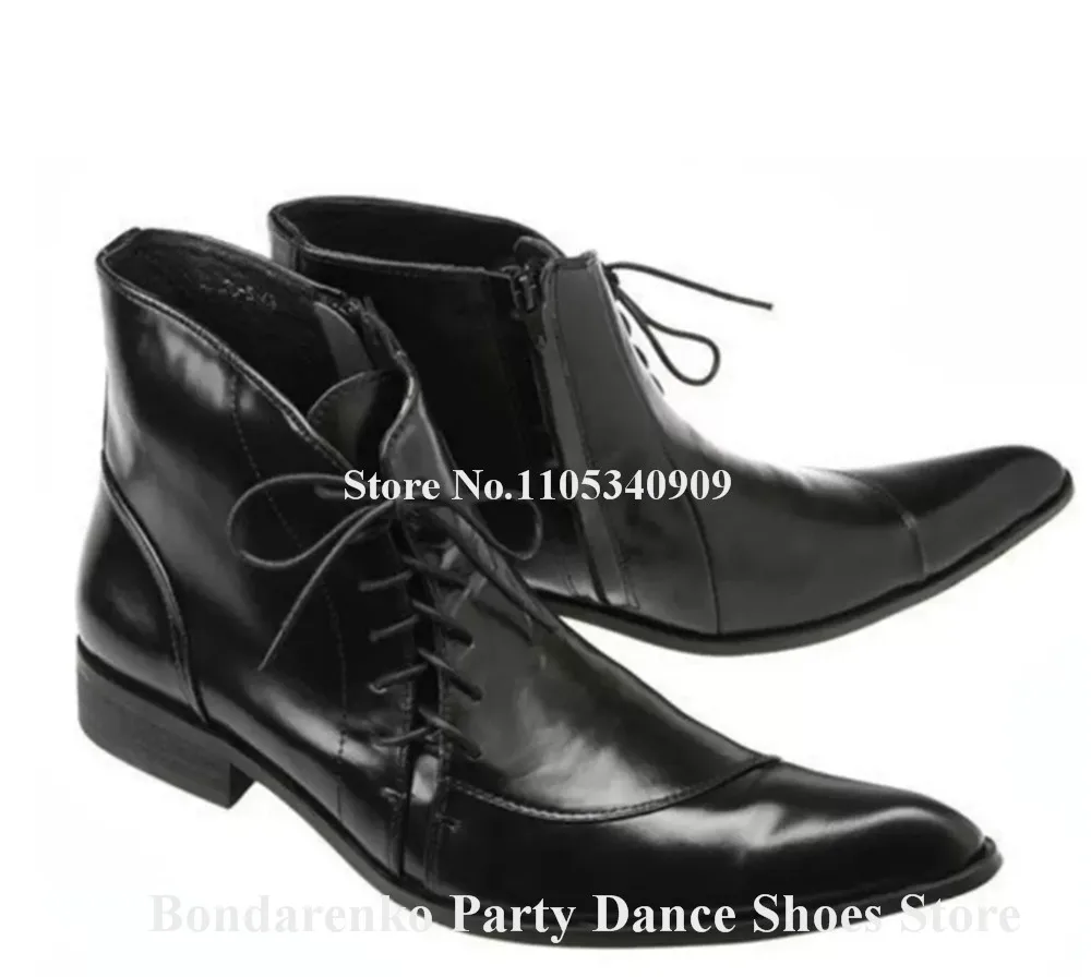 Luxury Men Black Wine Red Matte Leather Flat Short Boots Fashion Pointed Toe Side Lace-up Male Dance Shoes Club Shoes