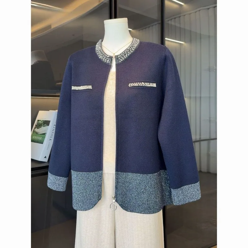 Women Elegant Beaded Knit Cardigan Mature Ladies Zip Up Sweater Coat Autumn Casual Outerwear