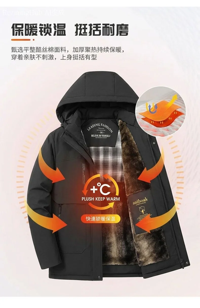 Winter Solid Color Men Parkas Coats Casual Hooded Thicken Warm Cotton Jackets Outdoor Windproof Male Clothes Fashion New Style
