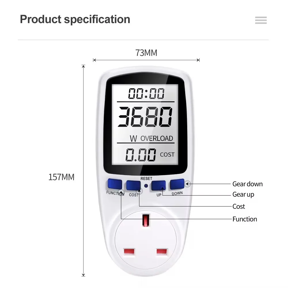 Digitale vermogensmeter Wattmeter Elektriciteitsgebruik Monitor Spanning Voltmeter Ampèremeter Socket Tester Energiemeter Witte achtergrondverlichting