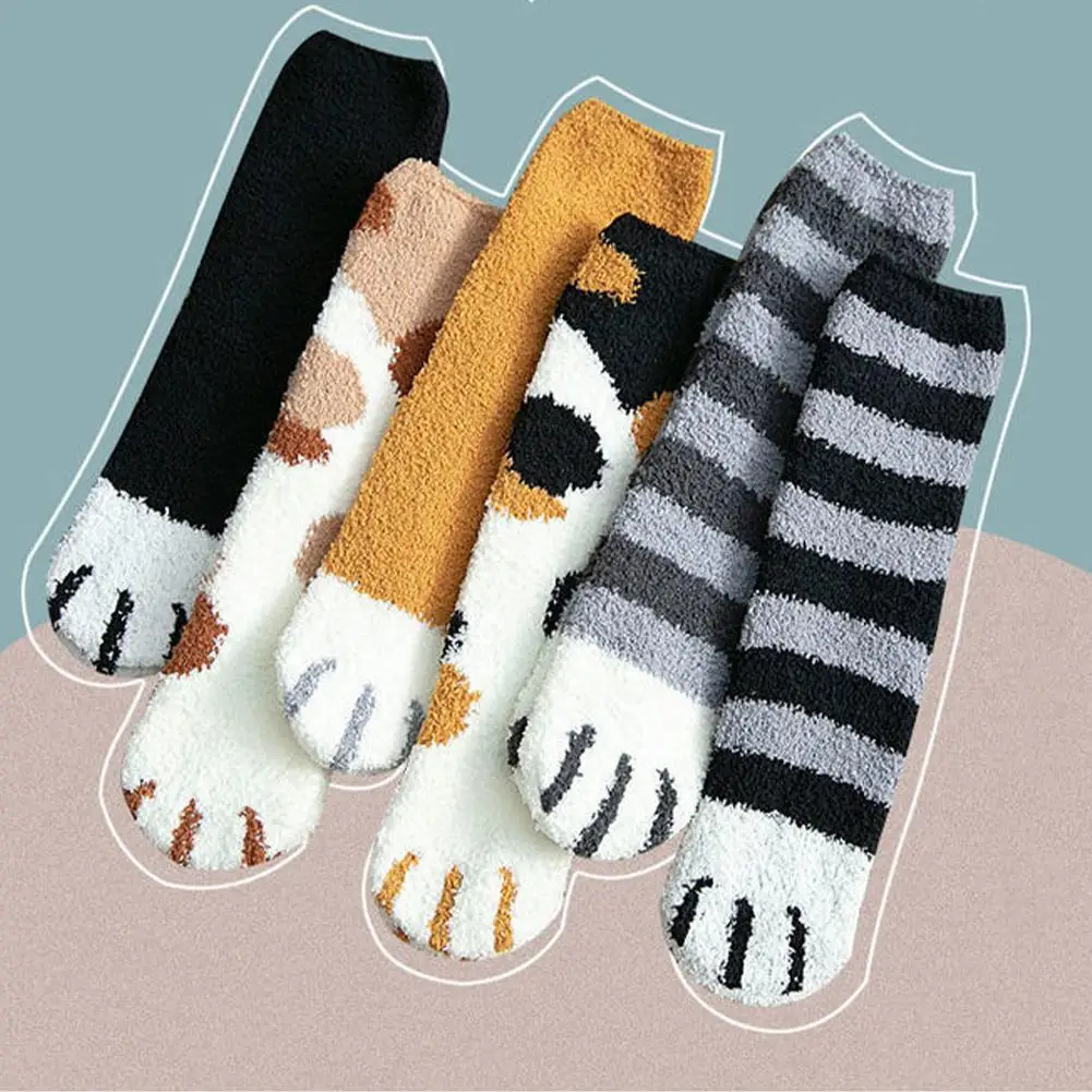 

Women Winter Warm Fluffy Socks Cute Animal Claw Cat Paw Footprint Fuzzy Socks Female Thick Coral Fleece Home Floor Sleep Socks