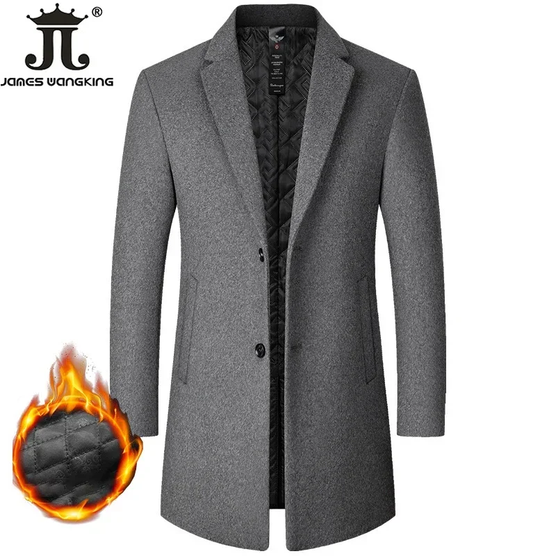 Male Woolen Coat Solid Color Slim Mid-Length Windbreaker Warm Wear-Resistant Men\'s Wool Coat Business Formal Wear Casual Jacket