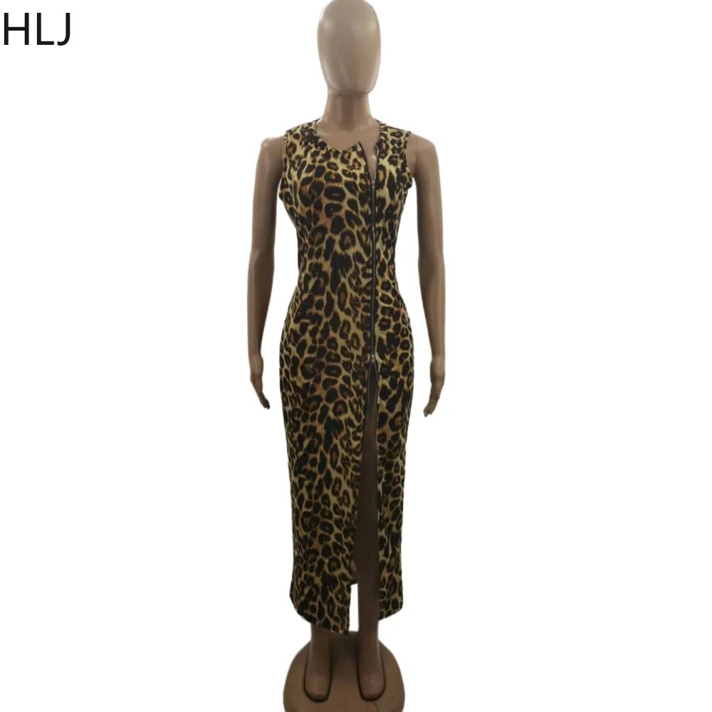 HLJ-Sexy V Profundo Vestido Bodycon com Estampa Leopardo Feminino, Sem Mangas, Zip, Fenda Alta, Moda Feminina, Nightclub Party Clothing