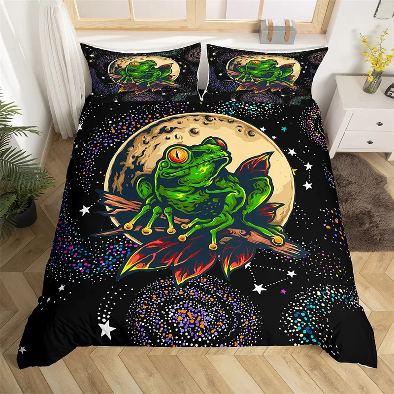 

Tree Cartoon Frog Duvet Cover Kawaii Wild Animal Bedding Set Full Twin For Kids Child Teens Spiral Stars Nebula Comforter Cover