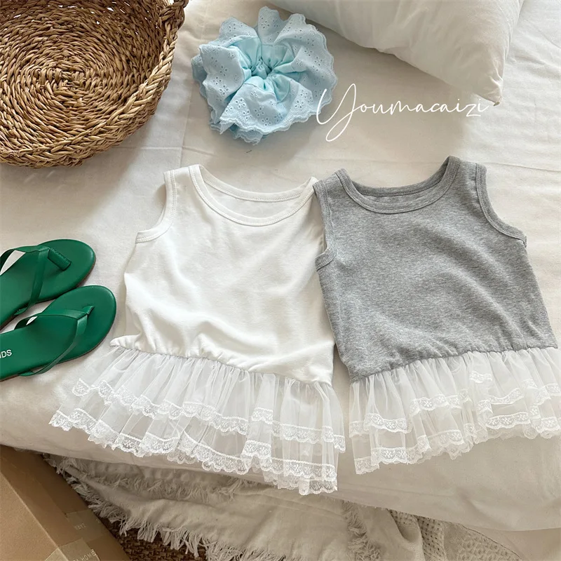 2025 Summer New Product Children's Foreign Mesh Stitching Lace Vest Girls Baby Solid Color Sleeveless Top Korea