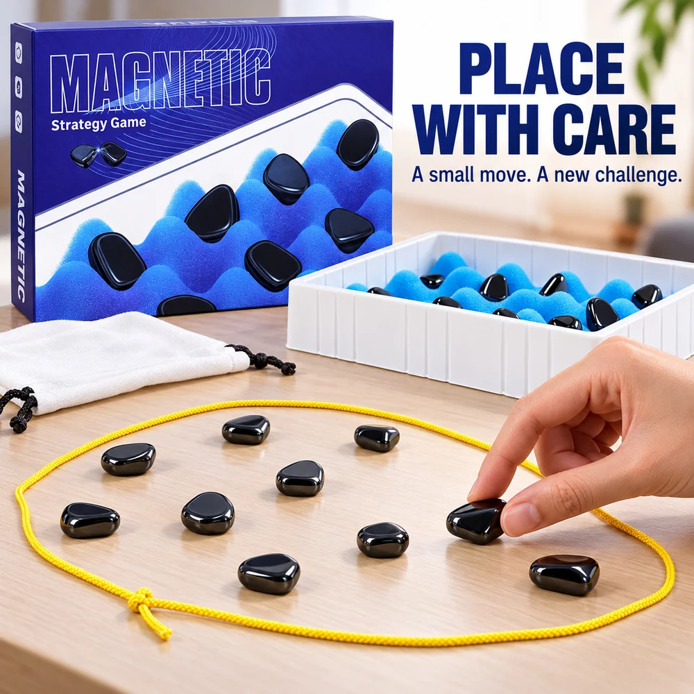 Magnetic Strategy Board Game with Foam Tray Magnet Stones Boundary Cord and Storage Pouch Tabletop Challenge Gift