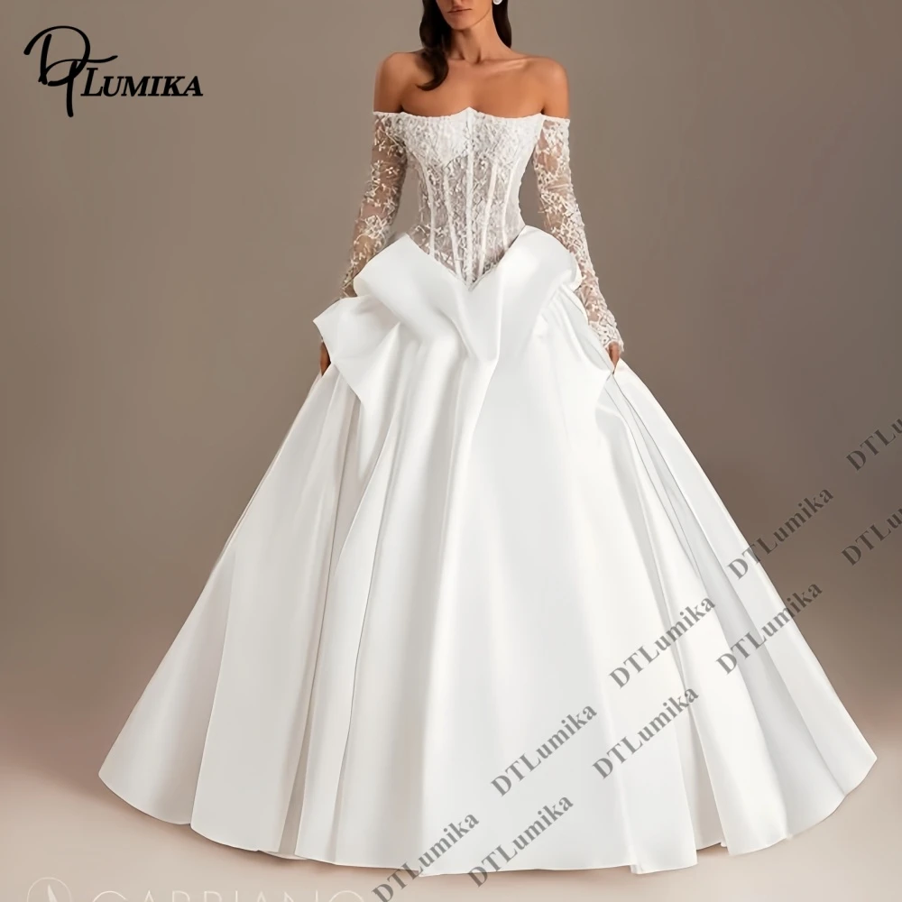 Sheer Off Shoulder Ballgown Wedding Dress for Women, Corset Illusion Lace Bride Dresses with Large Satin Train Plus Bridal Gown