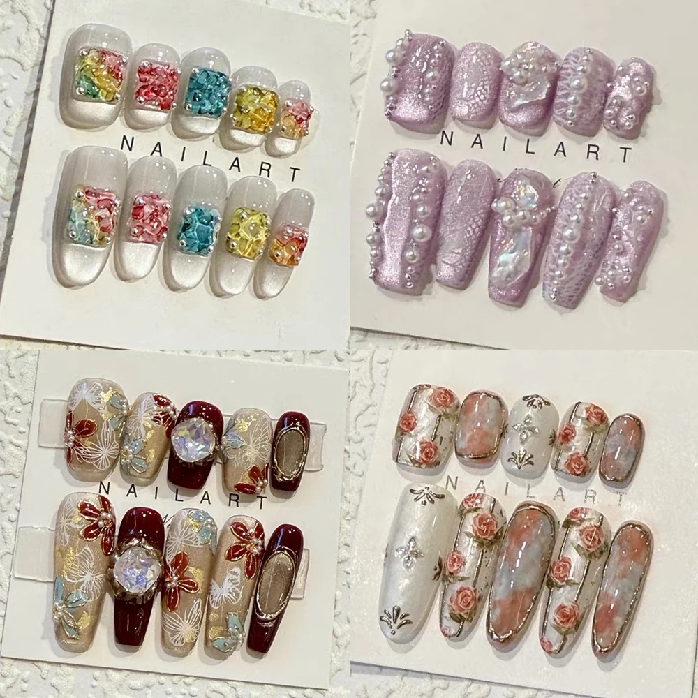 

Light Luxury Square Ellipse Handwork Full Cover Nail Diamond Pearl Flowers Butterfly Design Wearable Fake Nail Birthday Gift