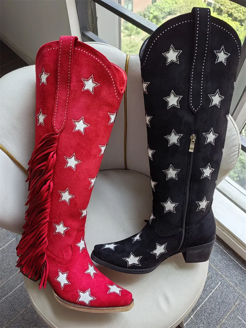 

Onlymaker Women Pointed Toe Fringe Side Zipper Retro Western Cowgirl Boots Fringed Chunky Heel Adjustable Cowboy Boots