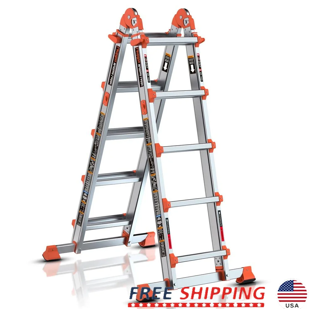 5 Step Aluminum Folding Extension Multi Position Ladder 17 Ft Anti-Slip Security Load Storage Home Improvement Tool Kit Roof