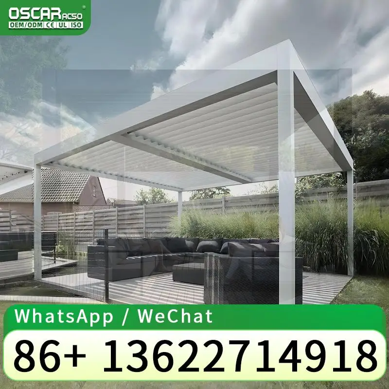 Motorised Retractable Bioclimatic Slats Outdoor Aluminium Pergola with Slide Screen for North America Garden Patio Balcony pergo