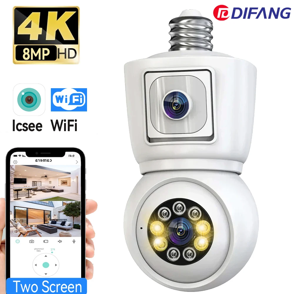 

4K 8MP Bulb WiF IP Camera Dual Lens Dual Screen PTZ 360° Video Baby Monitor CCTV Surveillance Bulb Security Camera ICsee