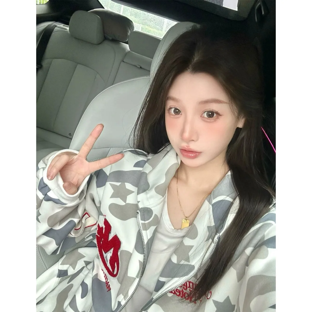 American Retro Flocking Towel Camouflage Hoodie Women's Spring Autumn Loose Open Cardigan Jacket Casual Style Standard Version